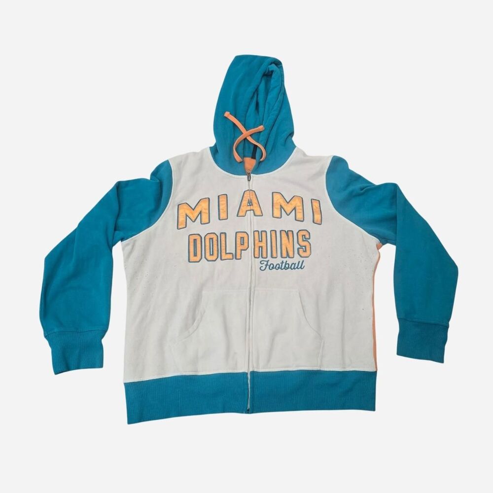 Vintage NFL Miami Dolphins Women's Full Zip Hoodie XL Color block Teal White